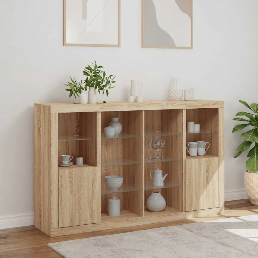 Buffets avec lumières LED 3 pcs chêne sonoma bois d'ingénierie - 4