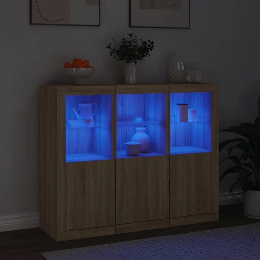 Buffets avec lumières LED 3 pcs chêne sonoma bois d'ingénierie - 3