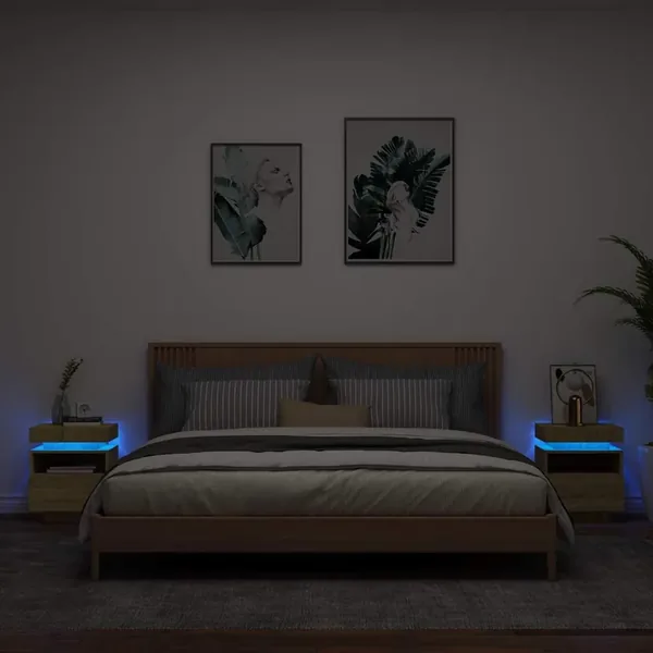 Armoires de chevet avec lumières LED 2 pcs chêne sonoma