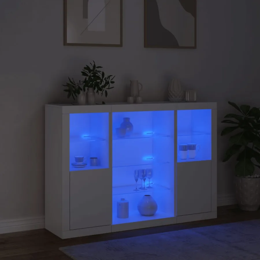 Buffets avec lumières LED 3 pcs blanc bois d'ingénierie - 3