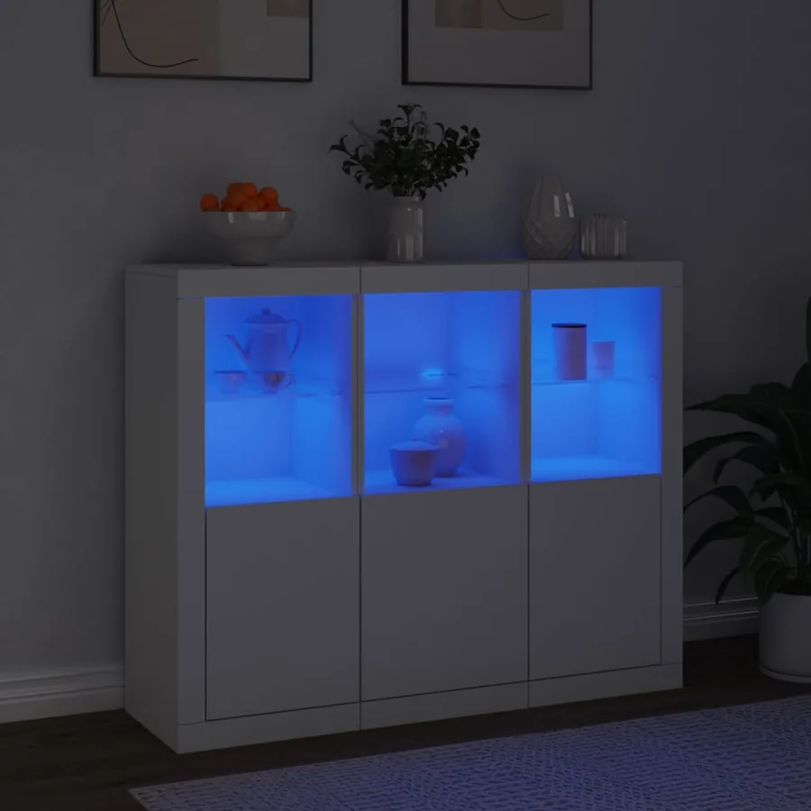 Buffets avec lumières LED 3 pcs blanc bois d'ingénierie - 3