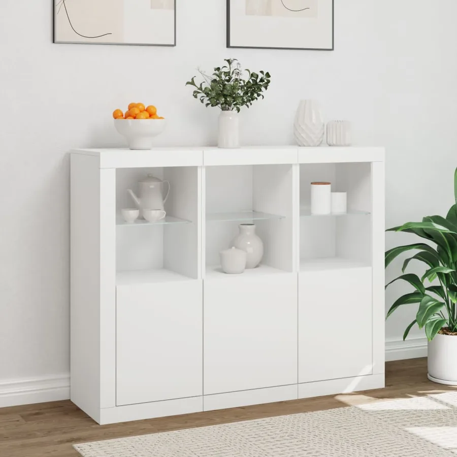 Buffets avec lumières LED 3 pcs blanc bois d'ingénierie - 4