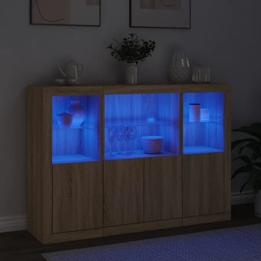 Buffets avec lumières LED 3 pcs chêne sonoma bois d'ingénierie - 3