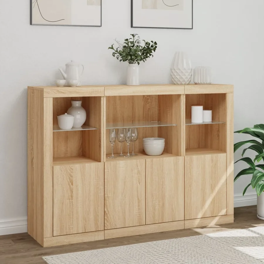 Buffets avec lumières LED 3 pcs chêne sonoma bois d'ingénierie - 4