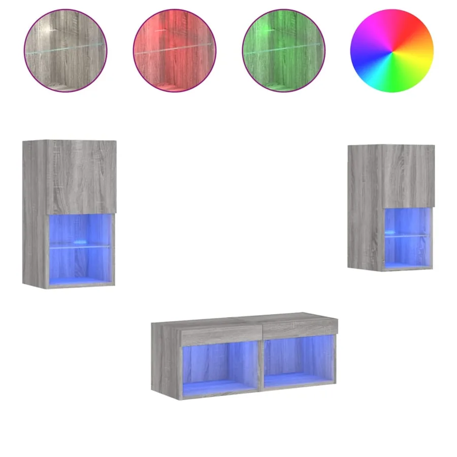 Meuble TV muraux 4 pcs avec lumières LED sonoma gris - 2