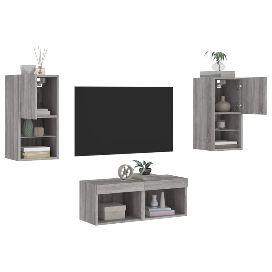 Meuble TV muraux 4 pcs avec lumières LED sonoma gris - 5
