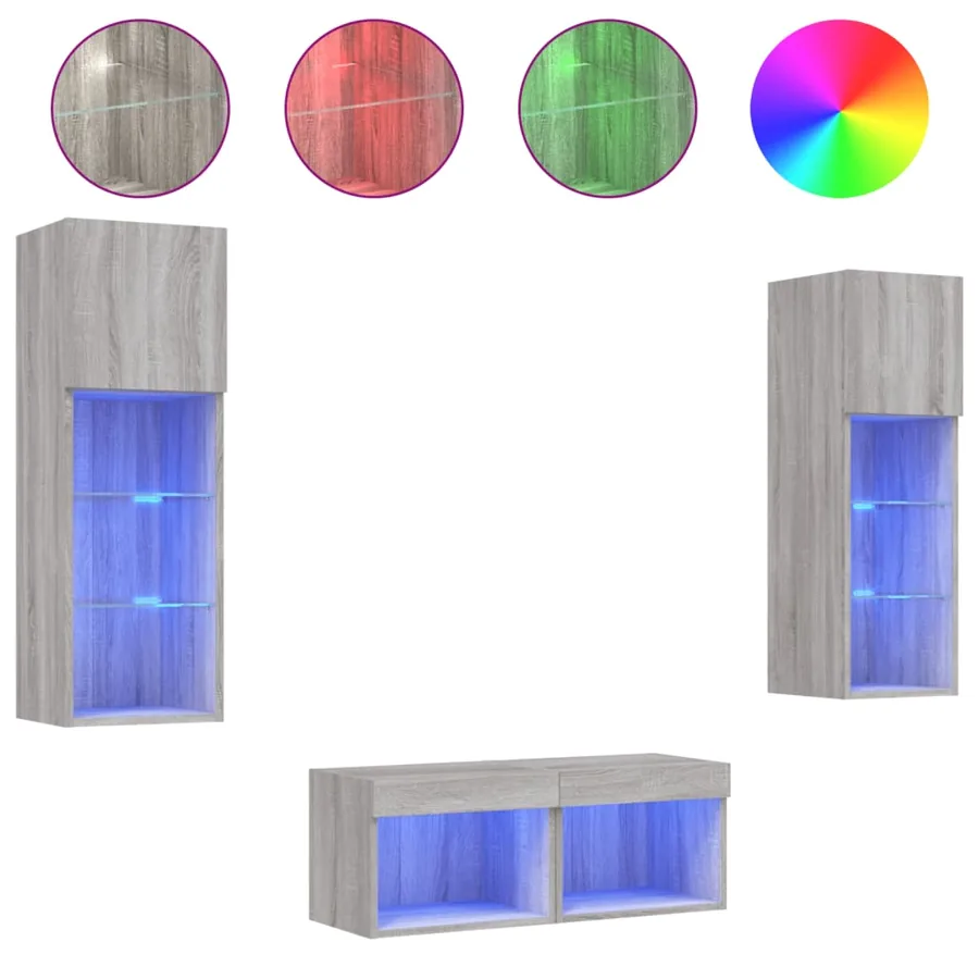 Meuble TV muraux 4 pcs avec lumières LED sonoma gris - 2