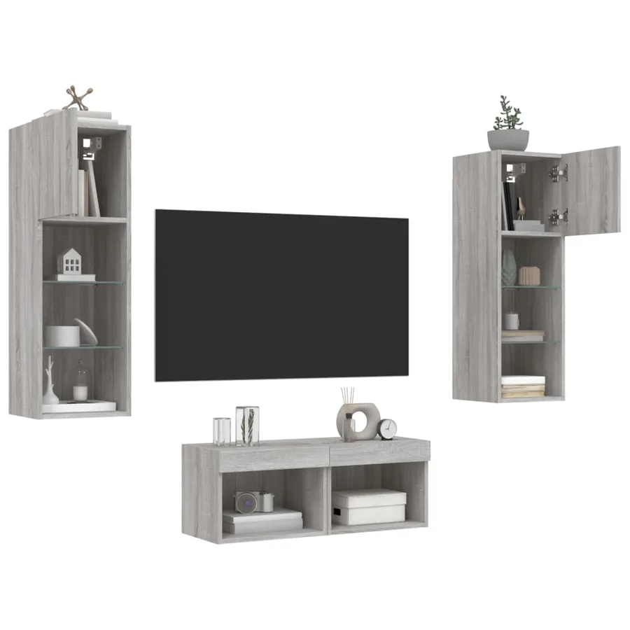 Meuble TV muraux 4 pcs avec lumières LED sonoma gris - 5