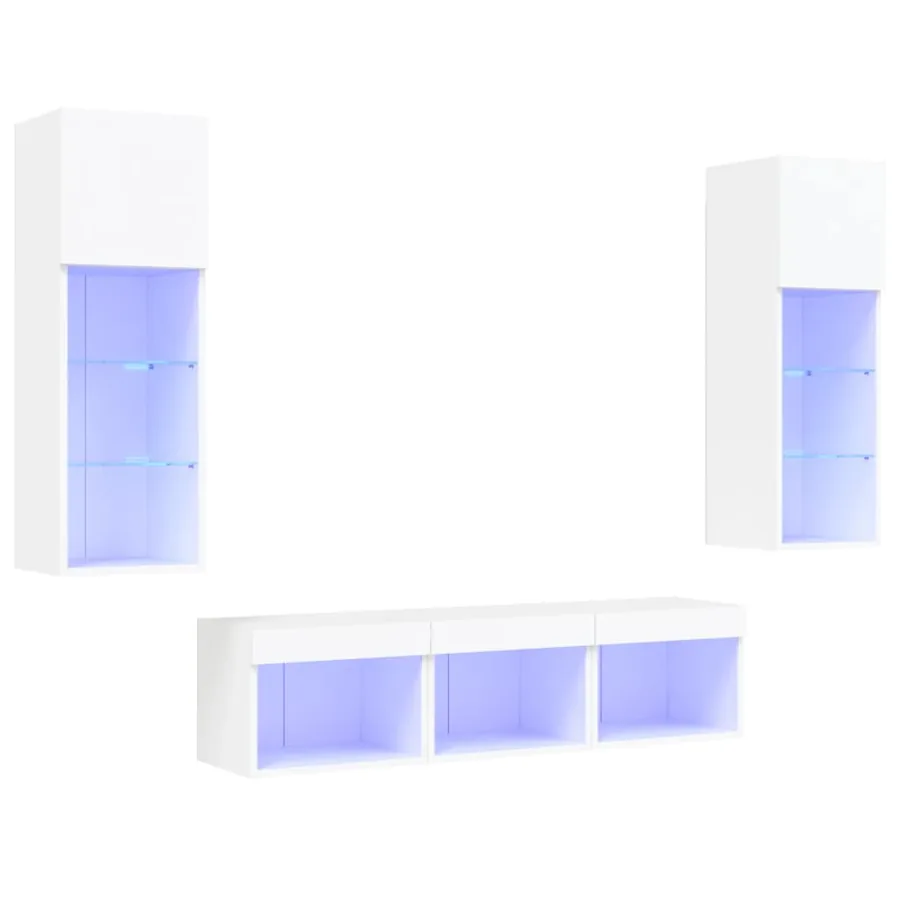 Unités murales TV avec LED 5 pcs blanc bois d'ingénierie - 2
