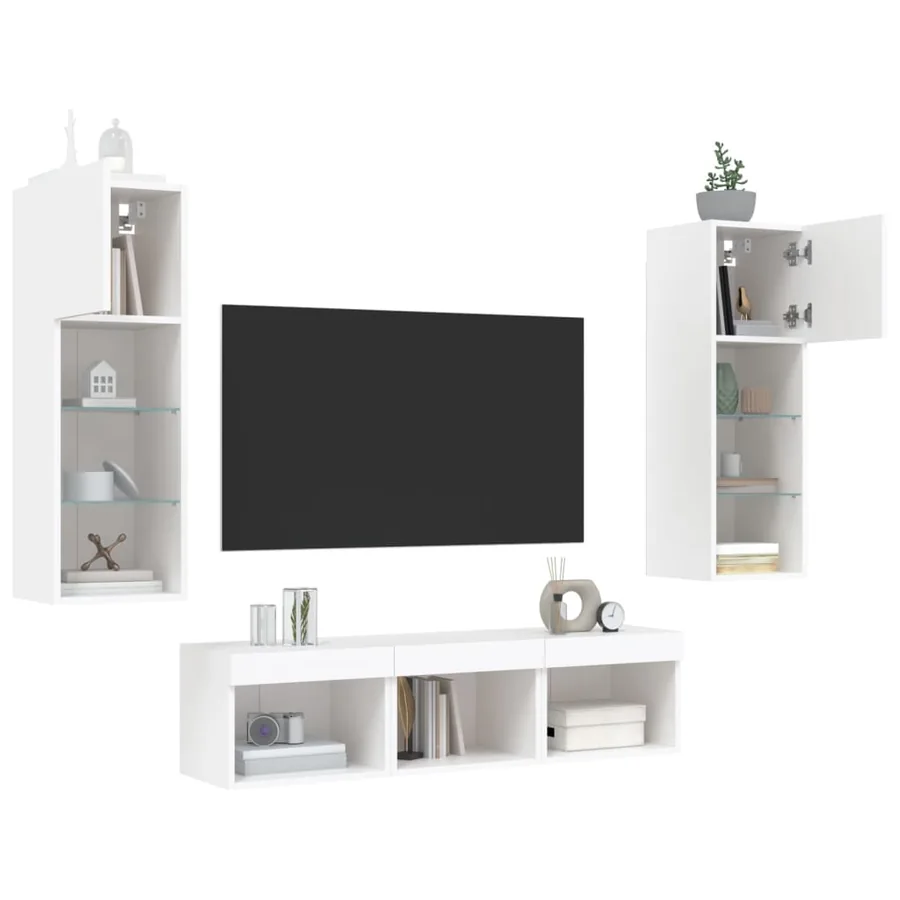 Unités murales TV avec LED 5 pcs blanc bois d'ingénierie - 4