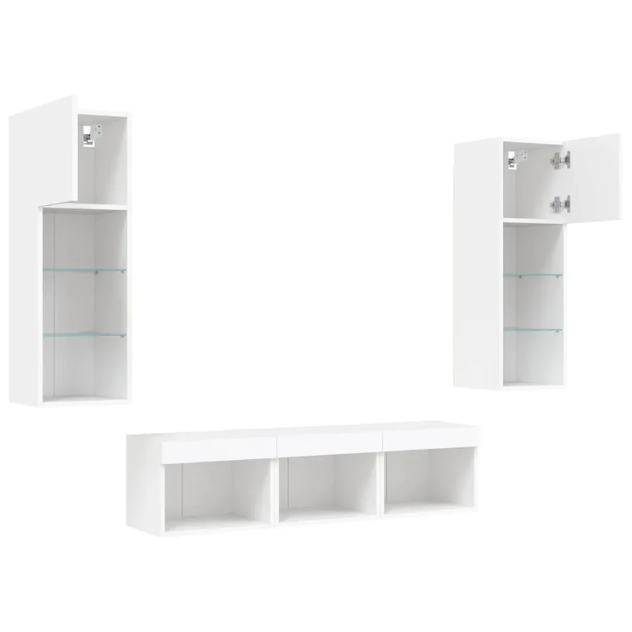 Unités murales TV avec LED 5 pcs blanc bois d'ingénierie - 5