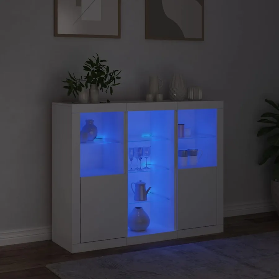 Buffets avec lumières LED 3 pcs blanc bois d'ingénierie - 3