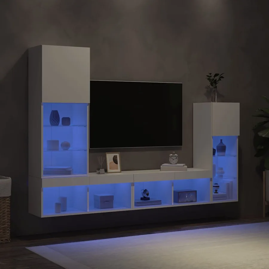 Unités murales TV avec LED 4 pcs blanc bois d'ingénierie