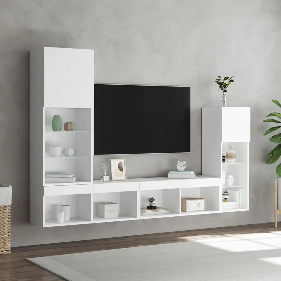 Unités murales TV avec LED 4 pcs blanc bois d'ingénierie - 4