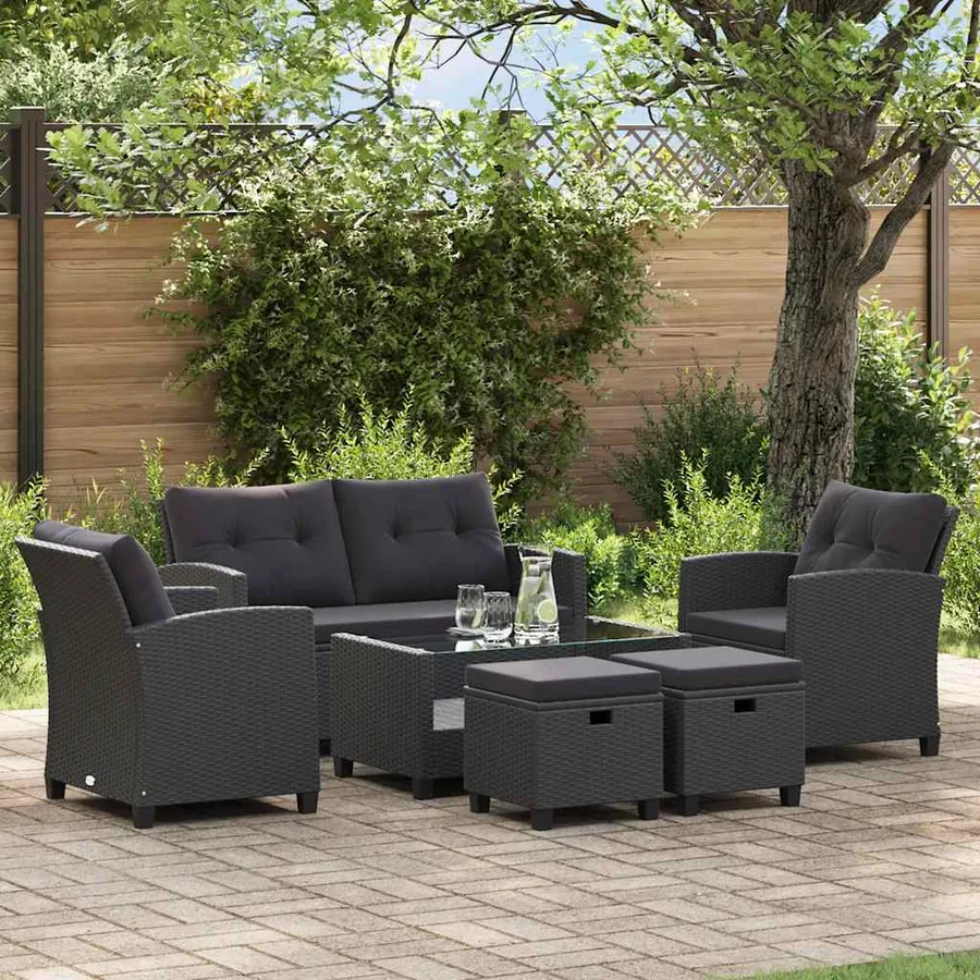 Canapés de jardin 6 pcs avec coussins Résine tressée Noir