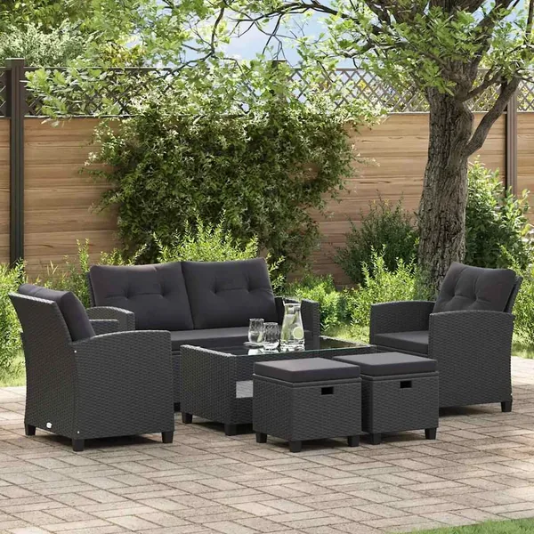 Canapés de jardin 6 pcs avec coussins Résine tressée Noir