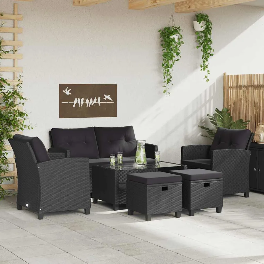 Canapés de jardin 6 pcs avec coussins Résine tressée Noir - 3