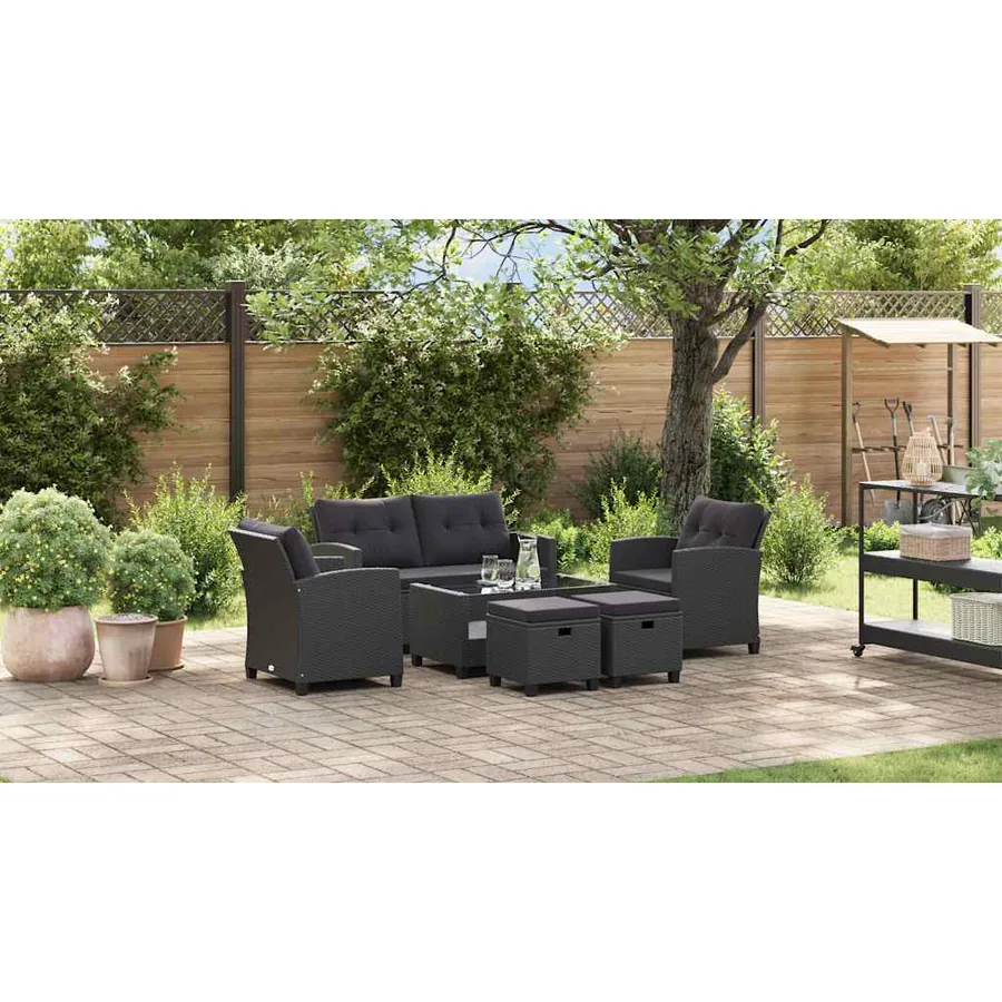 Canapés de jardin 6 pcs avec coussins Résine tressée Noir - 4