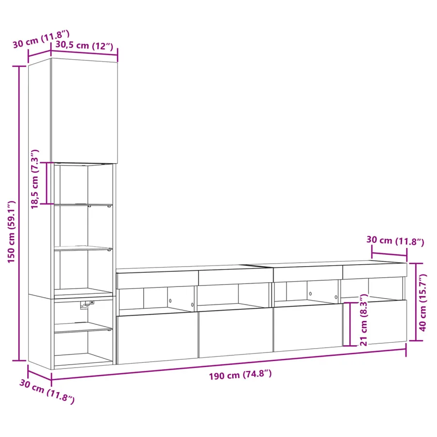 Unités murales TV avec LED 4 pcs gris sonoma bois d'ingénierie - 20