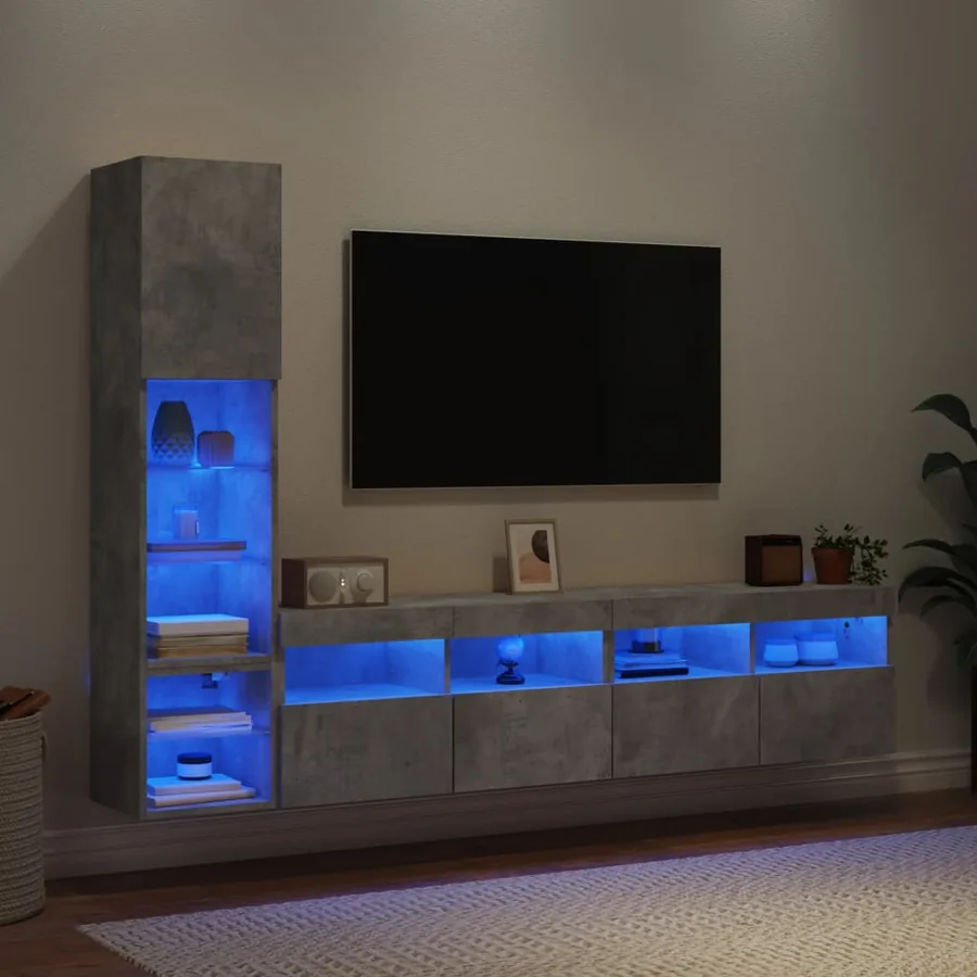 Unités murales TV avec LED 4 pcs gris béton bois d'ingénierie
