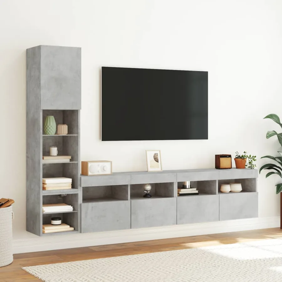 Unités murales TV avec LED 4 pcs gris béton bois d'ingénierie - 4