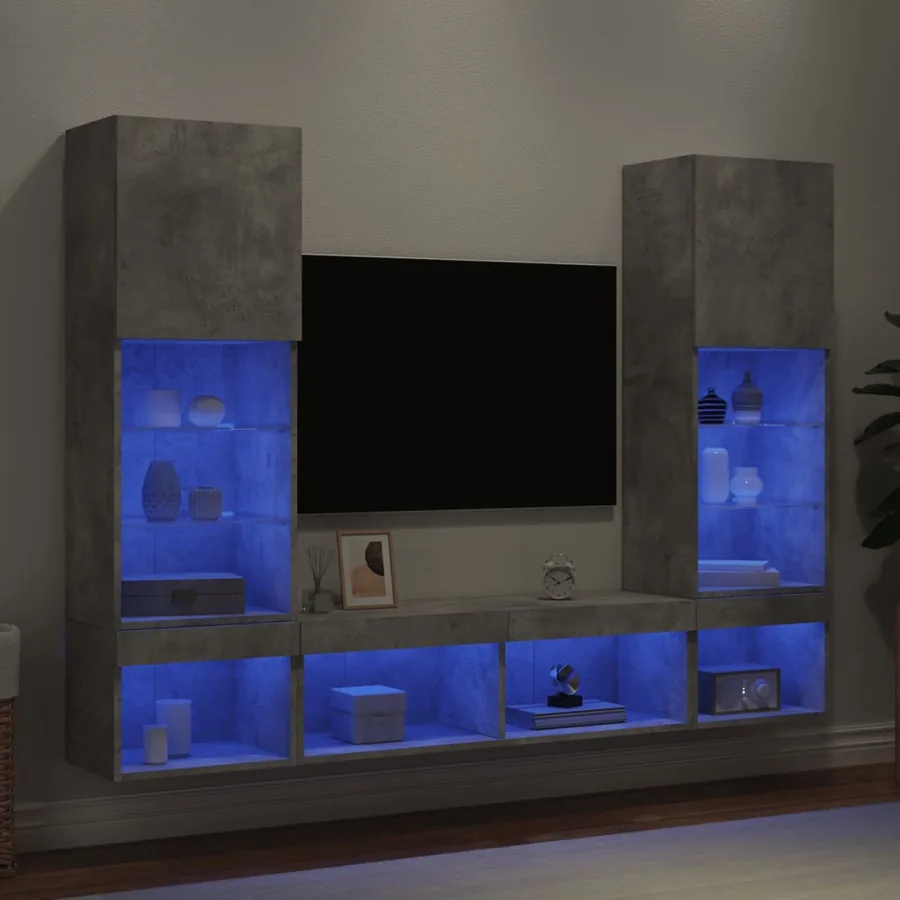Unités murales TV avec LED 5 pcs gris béton bois d'ingénierie