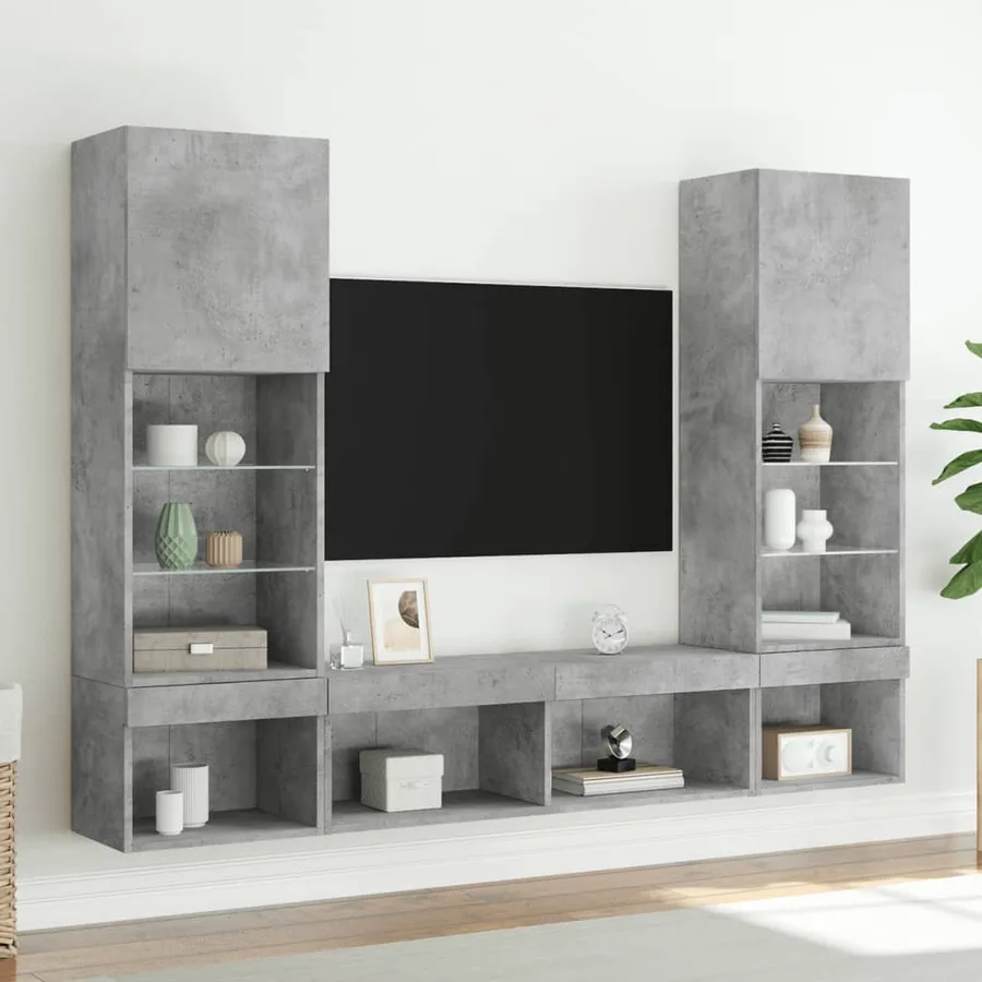 Unités murales TV avec LED 5 pcs gris béton bois d'ingénierie - 4