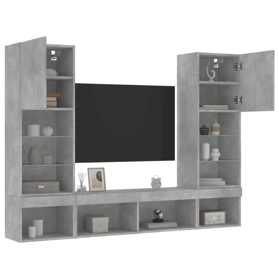 Unités murales TV avec LED 5 pcs gris béton bois d'ingénierie - 5