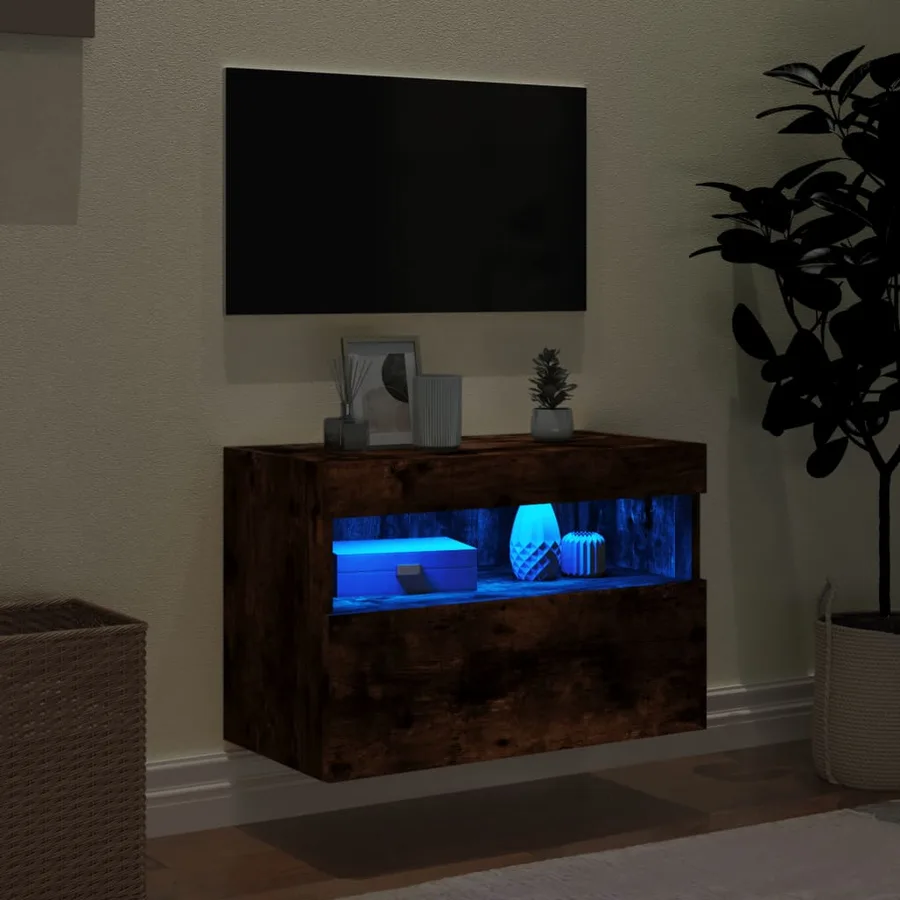 Meuble TV mural avec lumières LED chêne fumé 60x30x40 cm - 4
