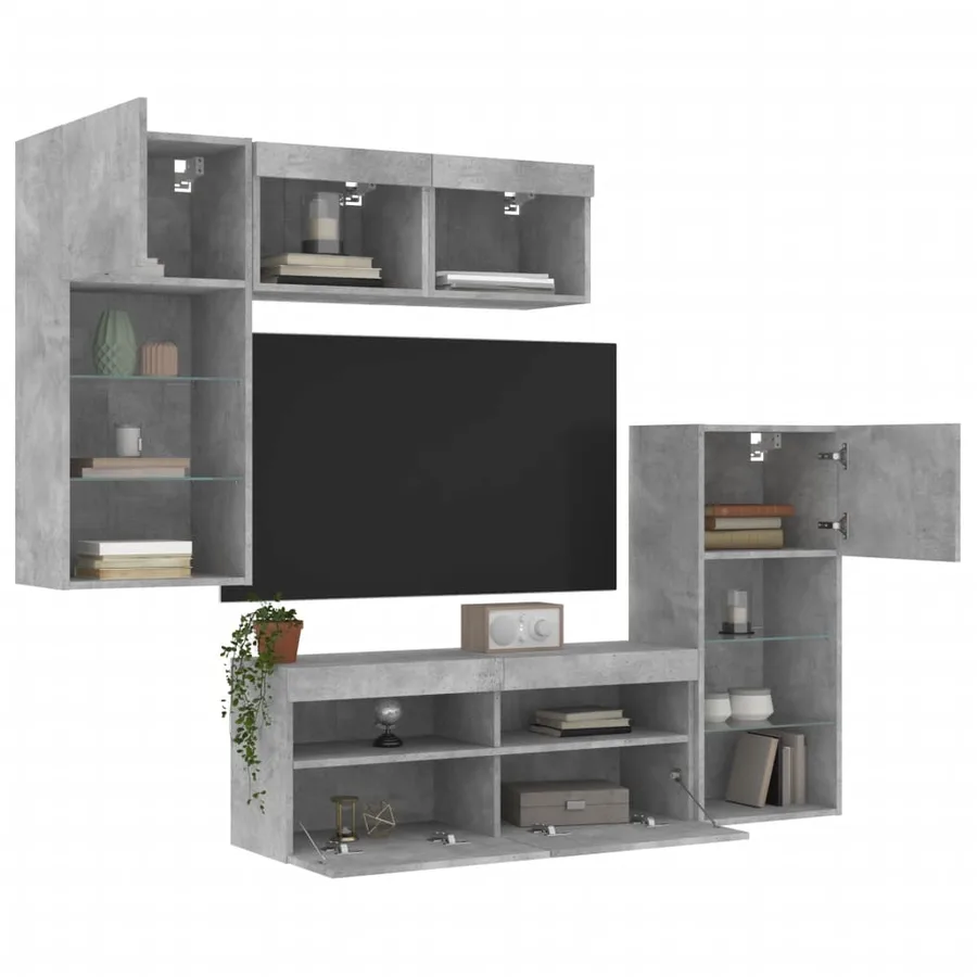 Unités murales TV avec LED 5 pcs gris béton bois d'ingénierie - 4