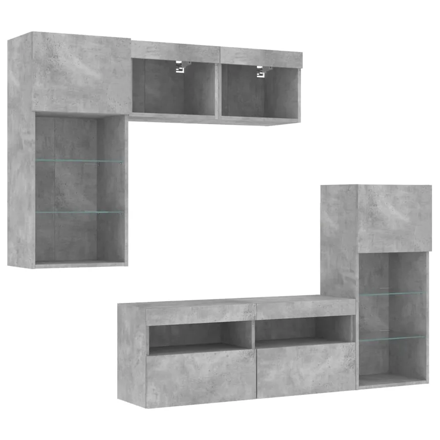 Unités murales TV avec LED 5 pcs gris béton bois d'ingénierie - 5