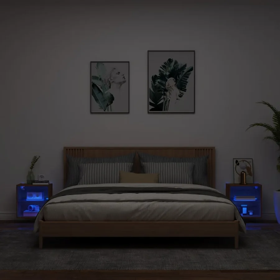 Tables de chevet murales avec lumières LED 2 pcs chêne marron - 3