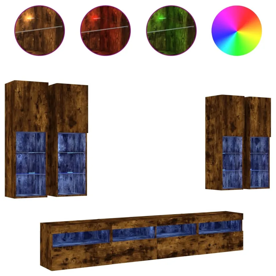 Ensemble de meubles TV muraux 7 pcs et lumières LED chêne fumé - 2