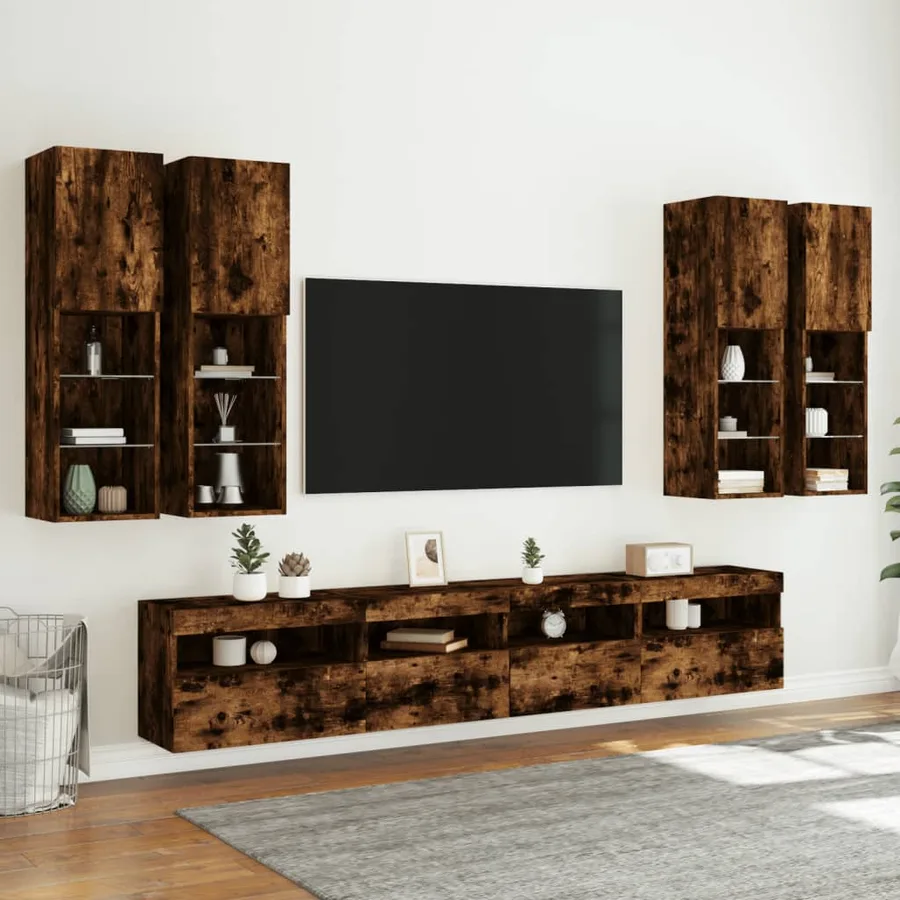 Ensemble de meubles TV muraux 7 pcs et lumières LED chêne fumé - 4