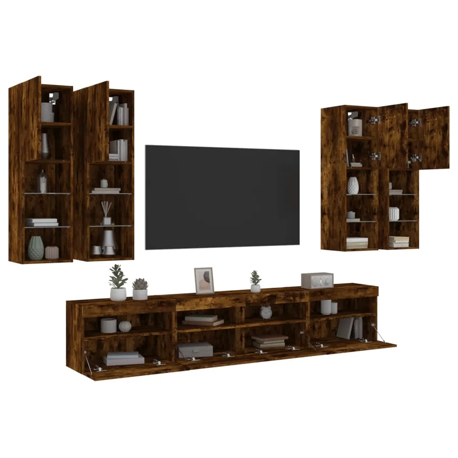 Ensemble de meubles TV muraux 7 pcs et lumières LED chêne fumé - 5