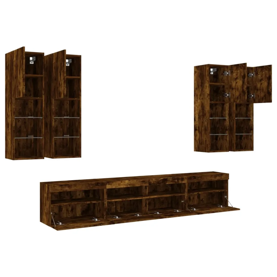Ensemble de meubles TV muraux 7 pcs et lumières LED chêne fumé - 6