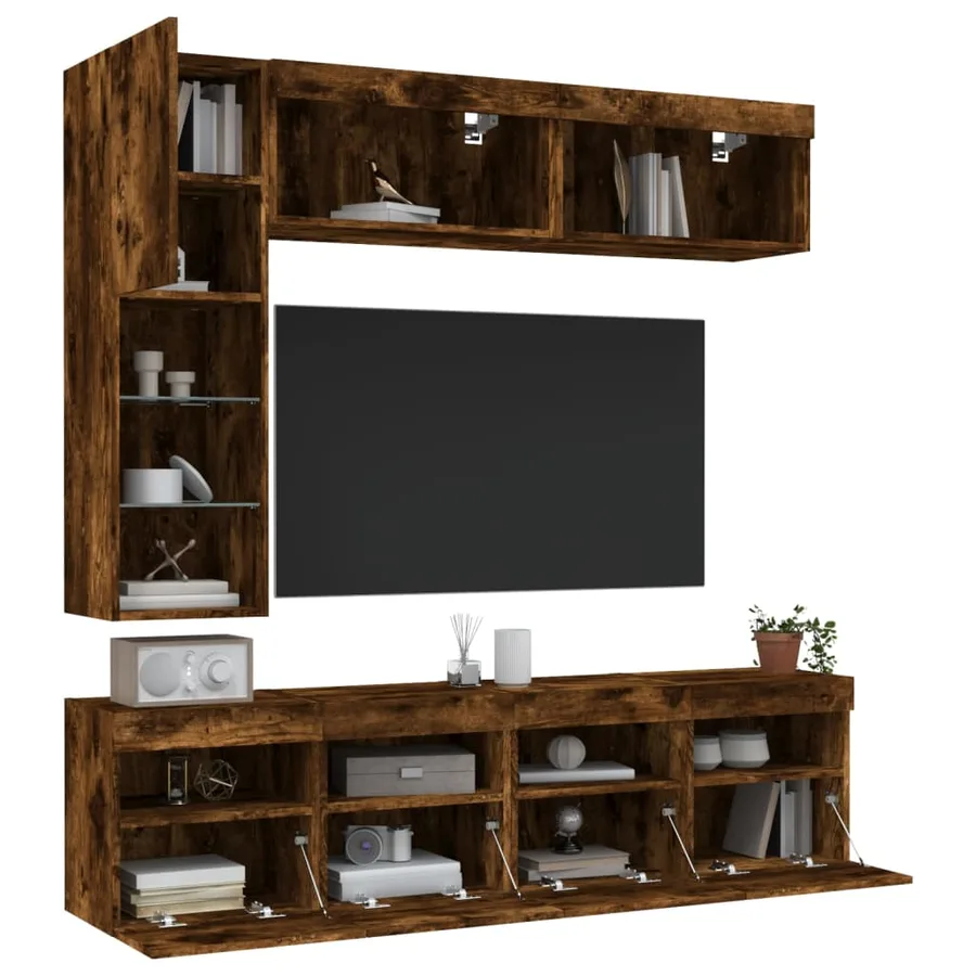 Ensemble de meubles TV muraux 7 pcs et lumières LED chêne fumé - 5