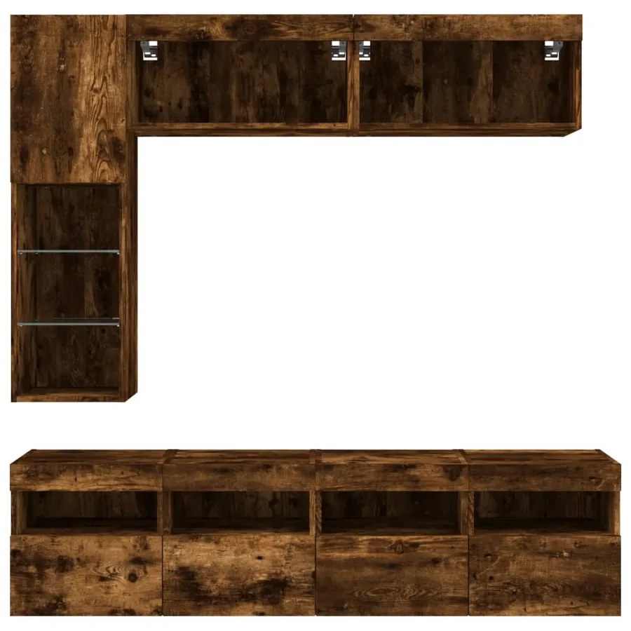 Ensemble de meubles TV muraux 7 pcs et lumières LED chêne fumé - 7