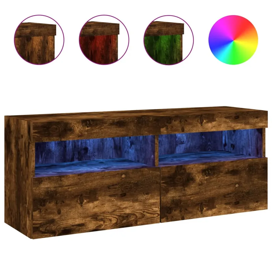 Meuble TV mural avec lumières LED chêne fumé 100x30x40 cm - 2