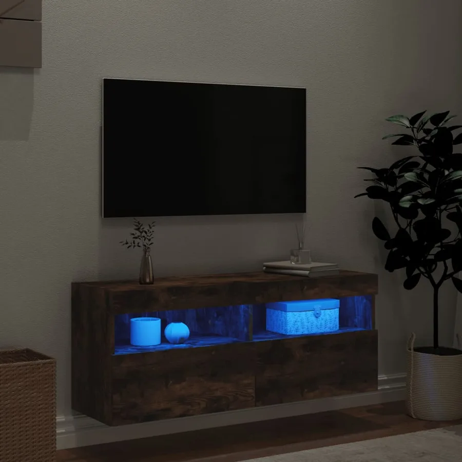 Meuble TV mural avec lumières LED chêne fumé 100x30x40 cm - 4