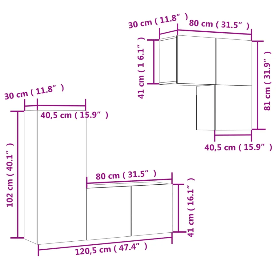 Unités murales TV 4 pcs gris béton bois d'ingénierie - 14