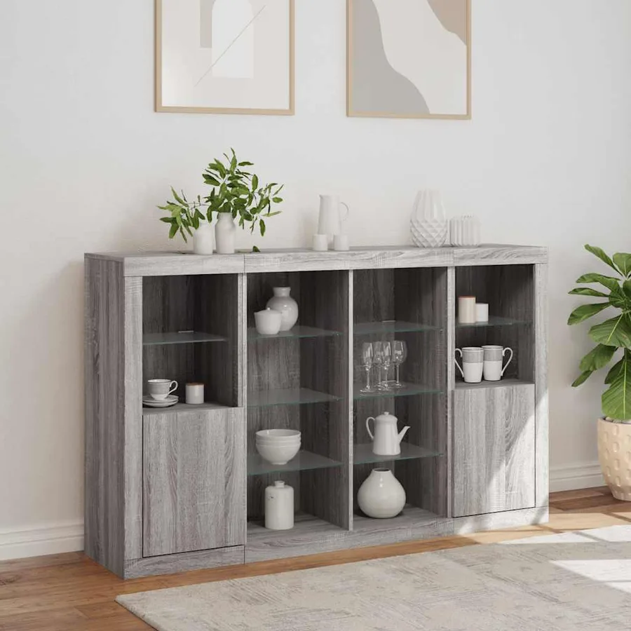 Buffets avec lumières LED 3 pcs sonoma gris bois d'ingénierie - 4