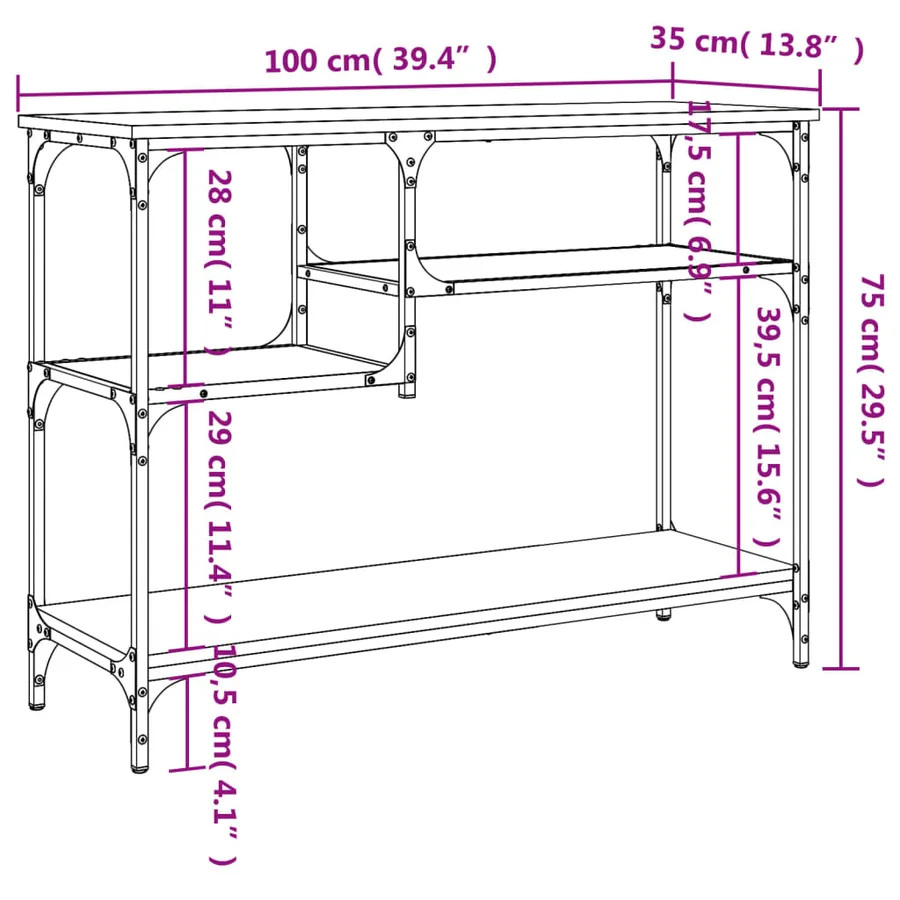 Table console avec étagères chêne marron 100x35x75 cm - 9