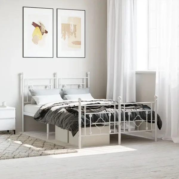 Cadre de lit métal sans matelas et pied de lit blanc 120x200 cm