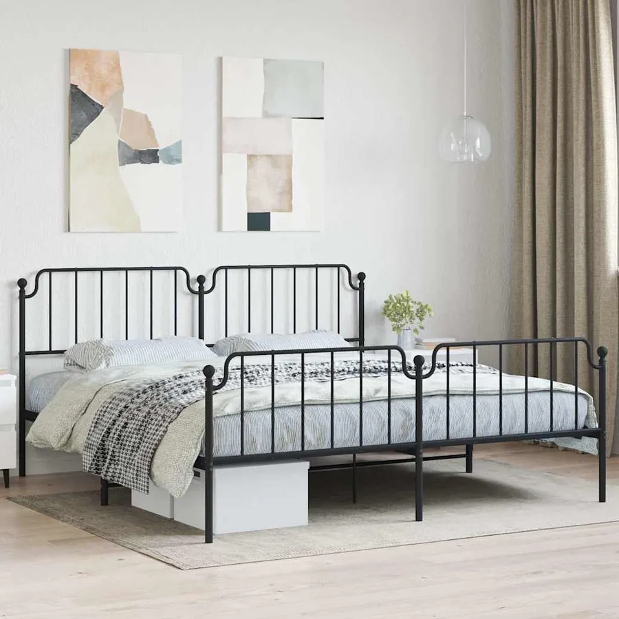 Cadre de lit métal sans matelas avec pied de lit noir 193x203cm