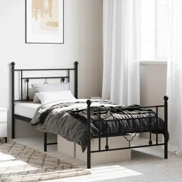 Cadre de lit métal sans matelas avec pied de lit noir 90x190 cm