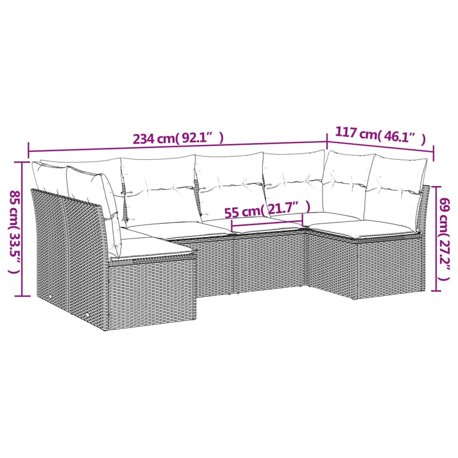 Salon de jardin 6 pcs avec coussins gris résine tressée - 3