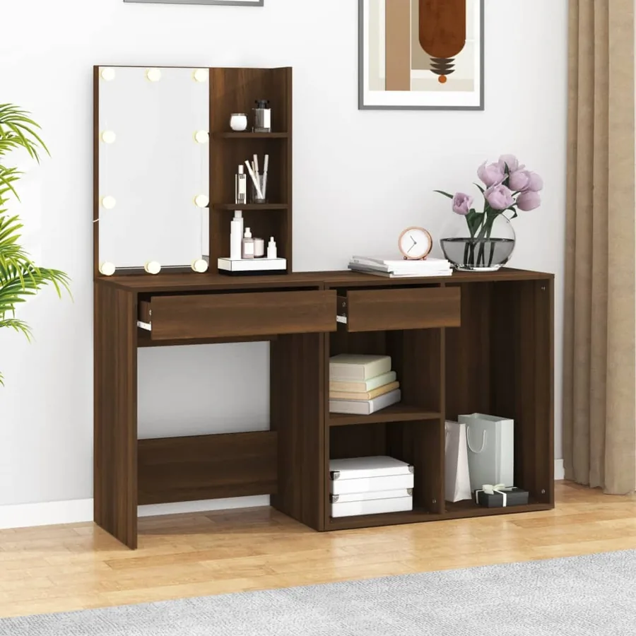 Coiffeuse à LED avec armoire Chêne marron Bois d'ingénierie - 3