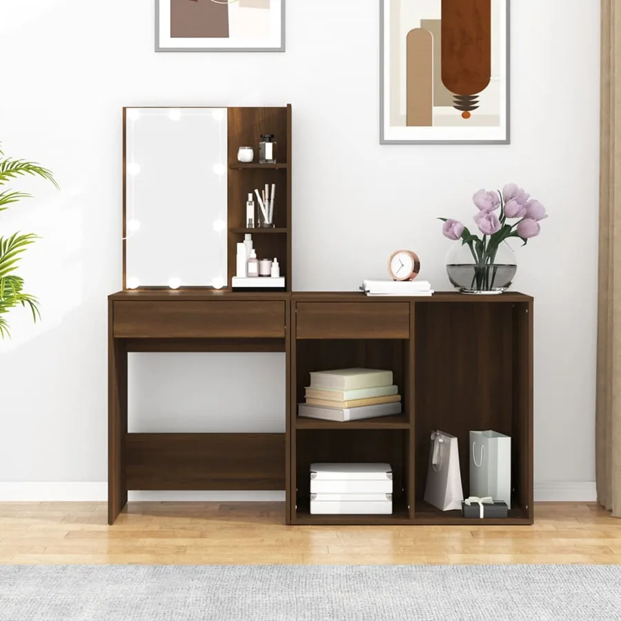 Coiffeuse à LED avec armoire Chêne marron Bois d'ingénierie - 4