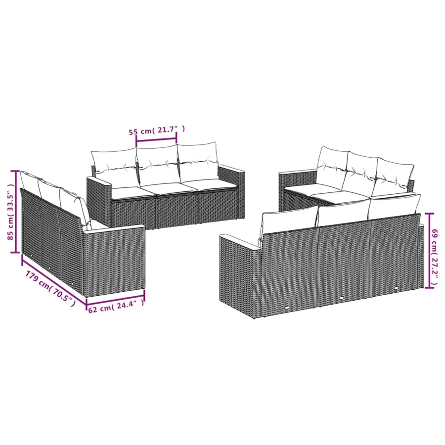 Salon de jardin 12 pcs avec coussins noir résine tressée - 6